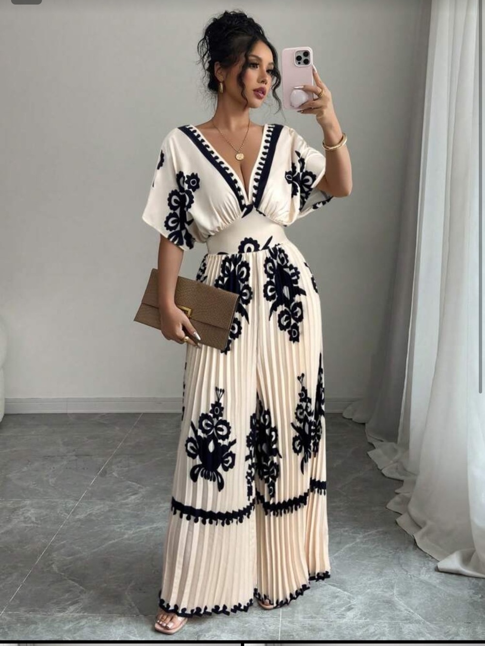 Cream & Black Embroidered V-Neck Jumpsuit